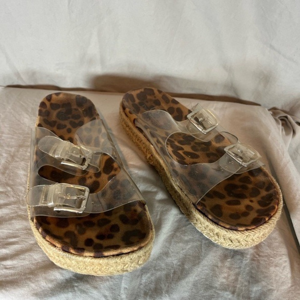 I.D. Required Leopard Print Clear Strap Platform Espadrille Sandalsā Womens